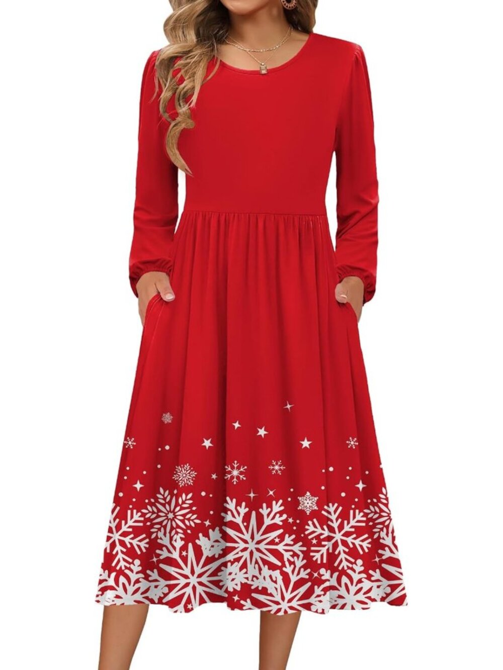 Casual Flowy A-Line Midi Dress with Pockets | Long Sleeve Boho Party Dress 2026